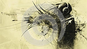 A sketch of an artist headphones on absorbed in the music and translating it onto paper with fluid movements of a pencil