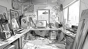 A sketch of an artists studio littered with sketches paintings and vinyl records a bustling hub of creativity and