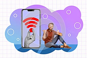 Sketch artwork trend composite image 3d collage photo of young man show thumb sign huge cellphone small hand hold wifi