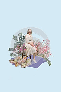 Sketch artwork trend composite image 3d collage photo of adeg beautiful lady sit on chair midst of spring dried fresh photo