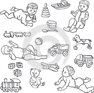 Sketch of babies and toys photo