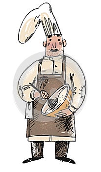 Sketch of a baker stirring dough for fresh pasty. cartoon hand drawn vector illustration