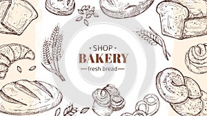 Sketch bakery background. Bread, fresh buns and rolls, wheat ears banner. Fresh food shop or cafe vector illustration