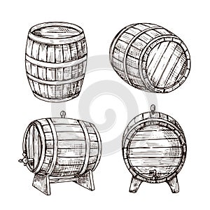 Sketch barrels. Whiskey oak casks. Wooden wine barrel in vintage engraving style. Bar, pub and brewery vector sign