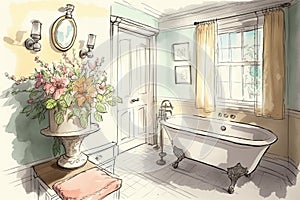 sketch of bathroom with vintage sink and clawfoot tub, surrounded by blooming flowers