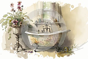 sketch of bathroom with vintage sink and clawfoot tub, surrounded by blooming flowers