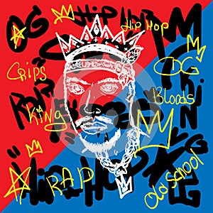 Sketch of bearded man with crown on abstract background with handwritten text. Hip-hop poster, rap print. Drawn by hand.