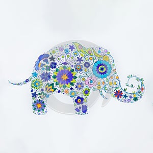 Sketch of beautiful elephant made flowers on a white background.