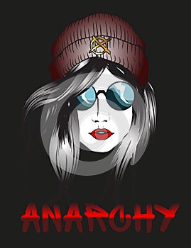 sketch. Beautiful girl in a warm hat and glasses with anarchy sign on the hat