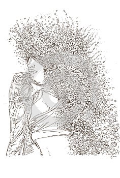 Sketch of a beautiful woman with flowers in her hair. photo