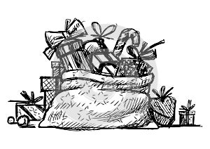 Sketch of big bag with packages of various Christmas gifts, vector hand drawing isolated on white