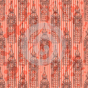 Sketch Big Ben, vector seamless pattern