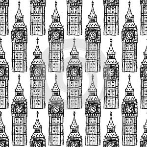 Sketch Big Ben, vector seamless pattern