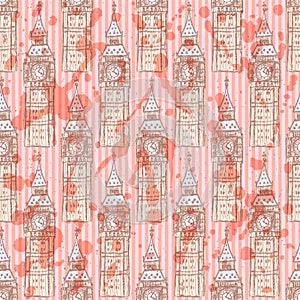 Sketch Big Ben, vector seamless pattern