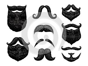 Sketch black mustache and beard. Hand drawn retro gentleman barber styles, engraved vintage vector illustration set.