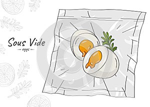 Sketch boiled egg with rosemary in a vacuum bag isolated on a white background