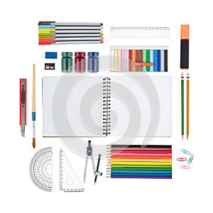 Sketch book and school or office tools isolated on white background And Clipping path