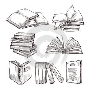 Sketch books. Ink drawing vintage open book and books pile. School education and library doodle vector symbols