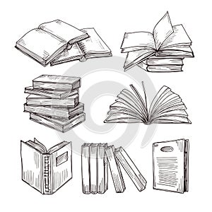 Schizzo libri. inchiostro disegno antico libro aperto un libri. formazione scolastica un biblioteca scarabocchi vettore simboli 