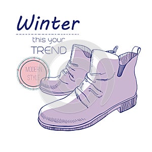 Sketch boots, shoes for winter. Poster Retro style. Design flyer with vintage hand-drawn, sketch illustrations. Poster