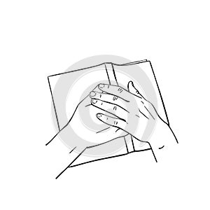 Sketch of both hands laying on open book, Hand drawn isolated vector line art