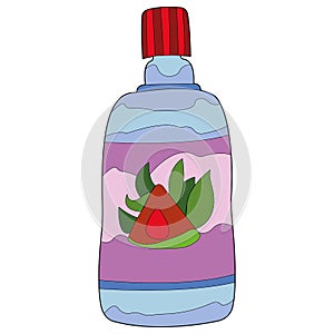 Sketch of a bottle with fertilizers for vegetables and fruits. Doodle flat style colored. Design is suitable for agriculture