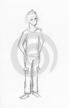 Sketch of boy in casual clothes by pencil