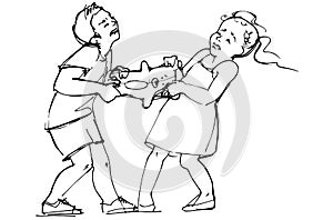 Sketch of boy and girl children are fighting over a toy