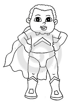 Sketch of boy in superhero costume 3 in black and white illustration