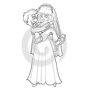 Sketch, bride in fot and long beautiful dress holds on her hands of her groom, cartoon illustration, isolated object on a white