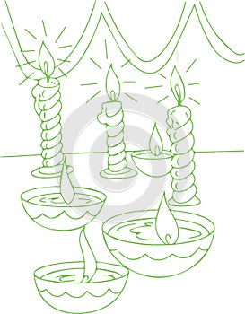 Sketch of Burning Candle and Using Handmade DIya during Diwali Festival Celebration Editable Outline Illustration