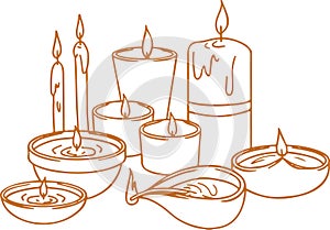 Sketch of Burning Candle and Using Handmade DIya during Diwali Festival Celebration Editable Outline Illustration