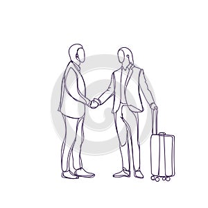 Sketch Business Man Greeting Businessman With Suitcase Silhouette Meeting