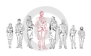 Sketch businesspeople team stay on white background, leader in front of team of successful executives, full length group