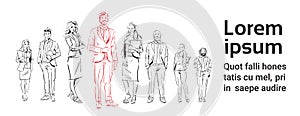 Sketch businesspeople team stay on white background, leader in front of team of successful executives, full length group