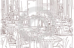 Sketch of a cafe terrace with tables and chairs.