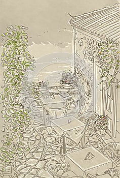 Sketch of a cafe terrace with tables and chairs.