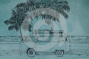 Sketch of camper van by palm trees and water.