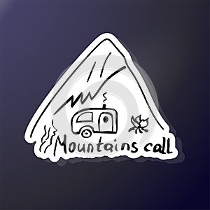 Sketch camping and foot of the mountain. Doodle style triangle sticker. Campfire rest in the wilderness. Black and white