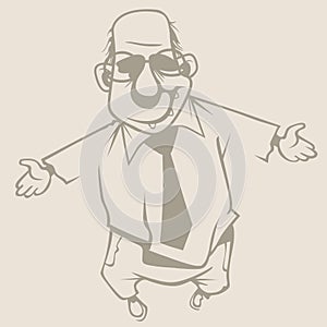 Sketch of a cartoon balding man joyfully greeting with open arms