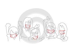 Sketch Cartoon children wearing mask self prevention ill made of fabric on white background for dust and germs pm 2.5, virus covid