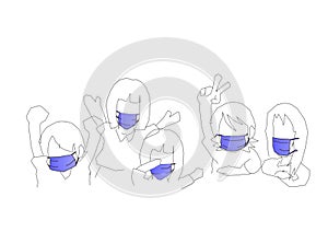 Sketch Cartoon children wearing mask self prevention ill made of fabric on white background for dust and germs pm 2.5, virus covid