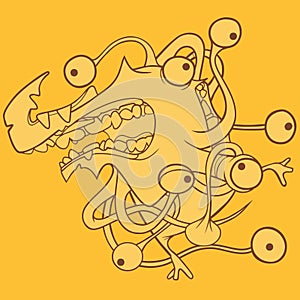 Sketch of a cartoon confused multi eyed toothy monster