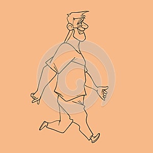 Sketch of cartoon fast paced smiling hefty joyful man