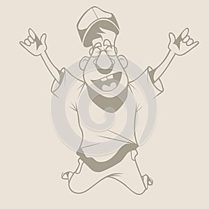 Sketch of a cartoon guy happily jumping from happiness