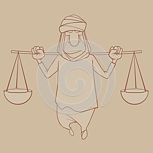 Sketch of a cartoon man arab carrying a stick on his shoulders with bowls on both sides