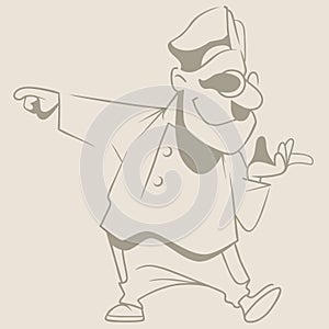 Sketch of a cartoon man with glasses and a hat pointing his finger to the side