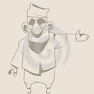 Sketch of a cartoon man in a hat pointing to the side