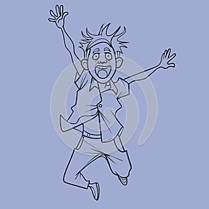 Sketch of a cartoon man joyfully jumping holding his hands up