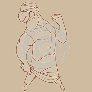 Sketch of cartoon muscular man with saber in hand